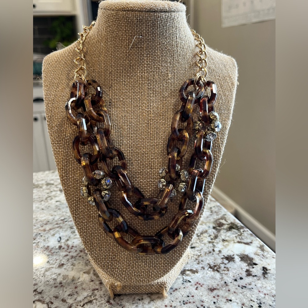Jcrew Inspired acrylic tortoise Statement Necklace with  rhinestone Accents